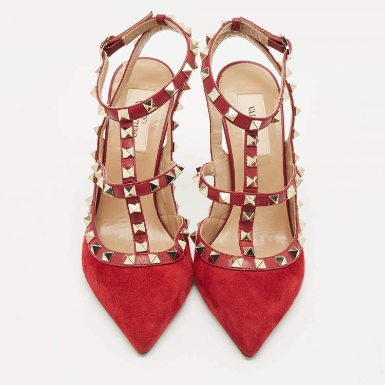 Pre Owned Valentino Red Suede Rockstud Ankle Strap Pumps Size 37