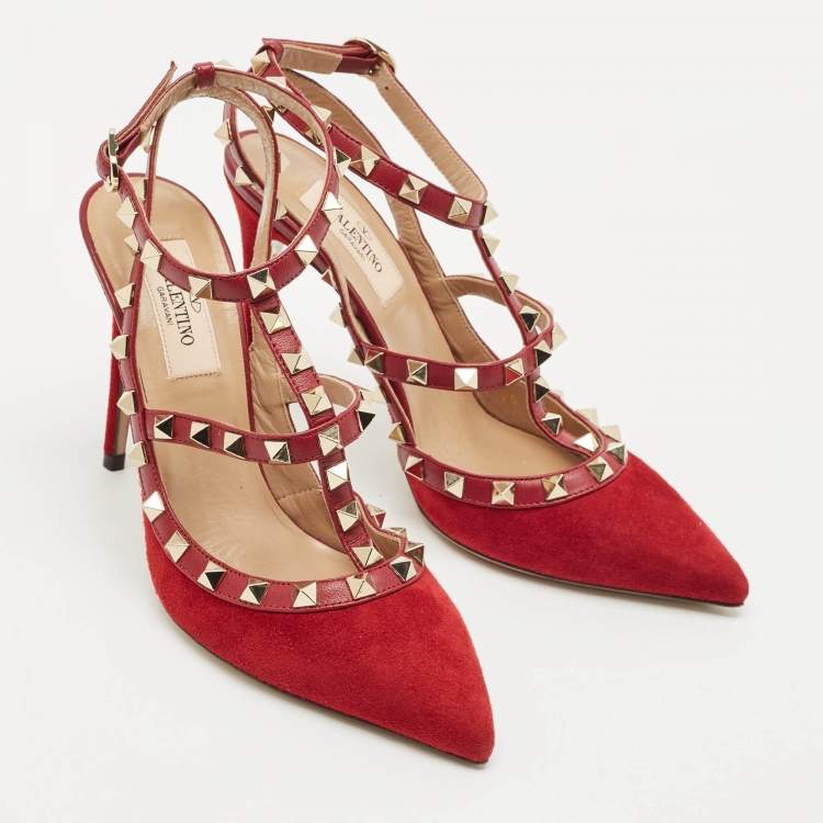 Pre Owned Valentino Red Suede Rockstud Ankle Strap Pumps Size 37