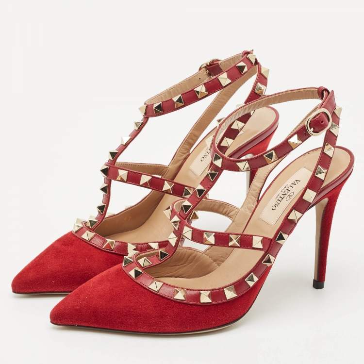 Pre Owned Valentino Red Suede Rockstud Ankle Strap Pumps Size 37