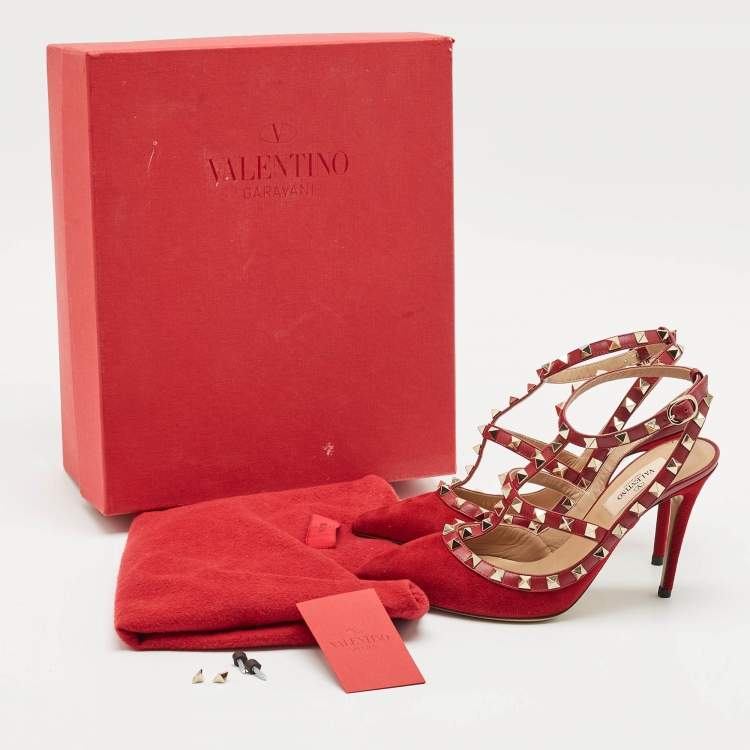 Pre Owned Valentino Red Suede Rockstud Ankle Strap Pumps Size 37