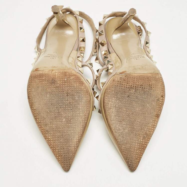 Pre Owned Valentino Beige/Dusty Pink Patent Leather Rockstud Caged Ankle Strap Pumps Size 37