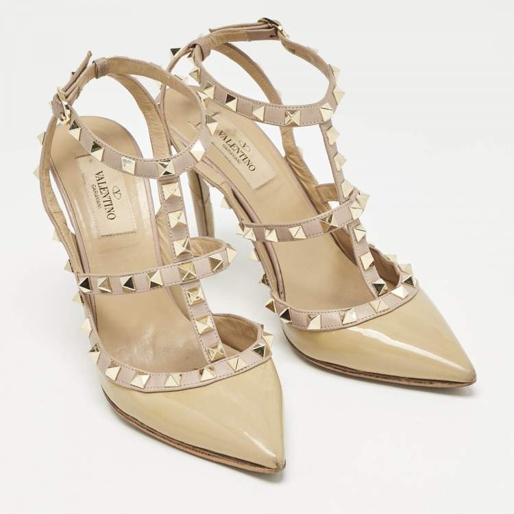 Pre Owned Valentino Beige/Dusty Pink Patent Leather Rockstud Caged Ankle Strap Pumps Size 37