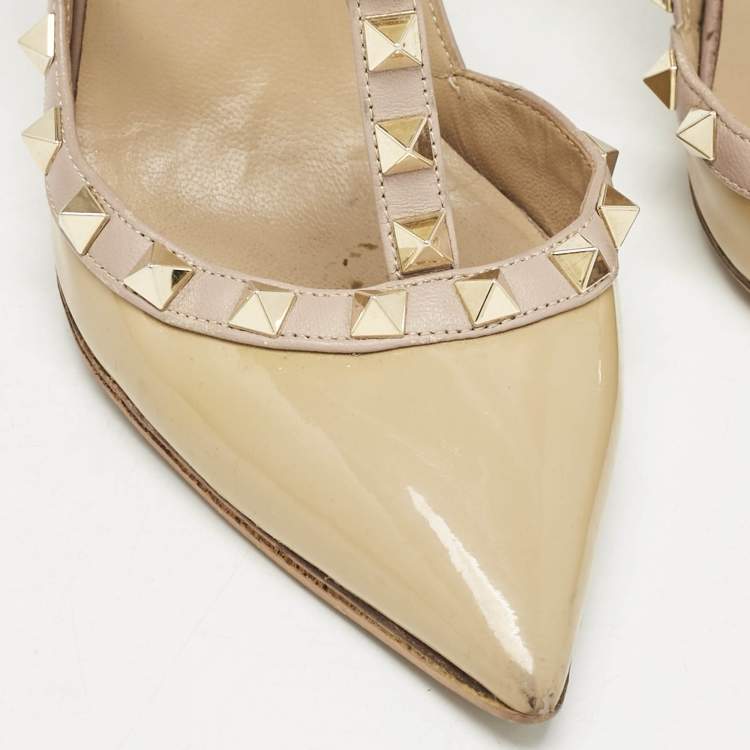 Pre Owned Valentino Beige/Dusty Pink Patent Leather Rockstud Caged Ankle Strap Pumps Size 37