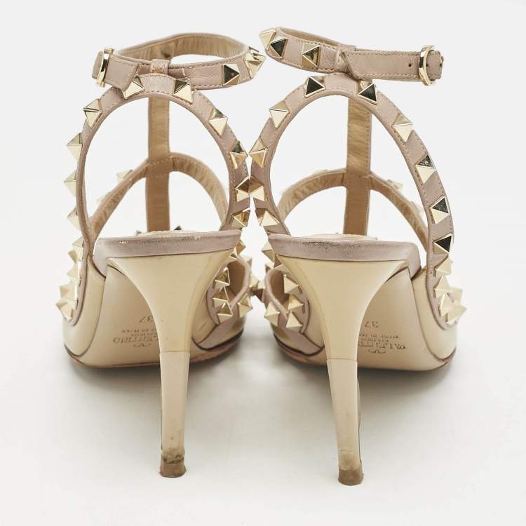 Pre Owned Valentino Beige/Dusty Pink Patent Leather Rockstud Caged Ankle Strap Pumps Size 37