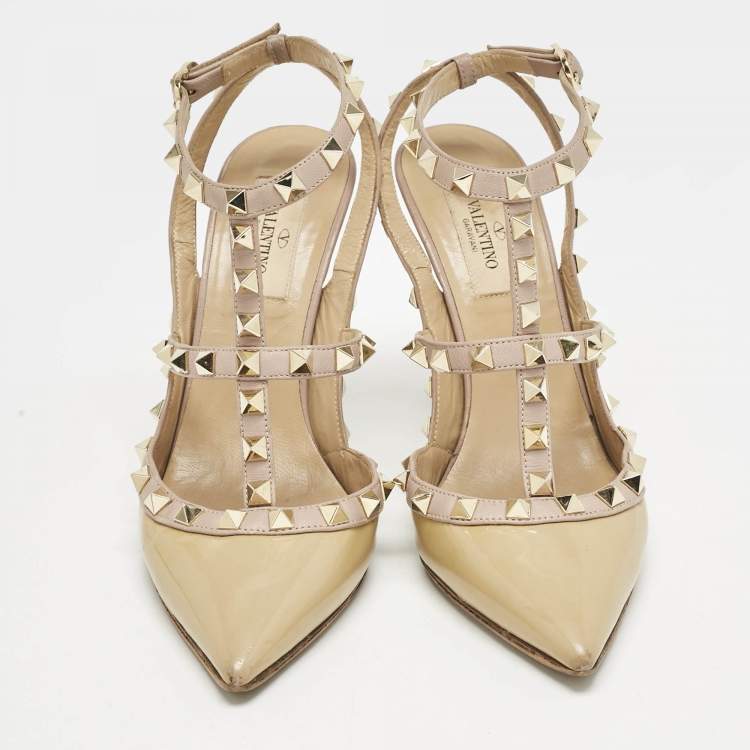 Pre Owned Valentino Beige/Dusty Pink Patent Leather Rockstud Caged Ankle Strap Pumps Size 37