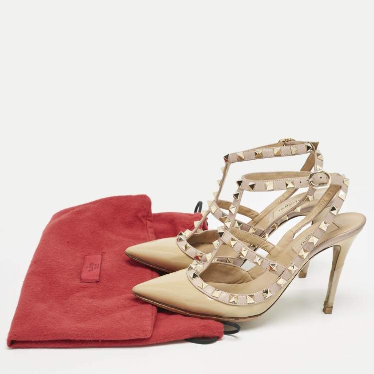 Pre Owned Valentino Beige/Dusty Pink Patent Leather Rockstud Caged Ankle Strap Pumps Size 37