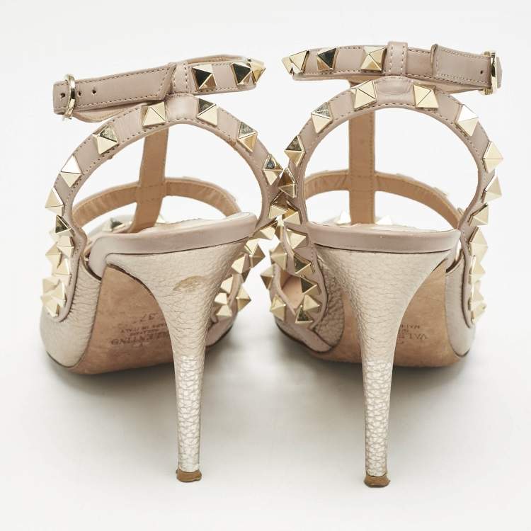 Pre Owned Valentino Metallic/Beige Leather Rockstud Caged Ankle Strap Pumps Size 37