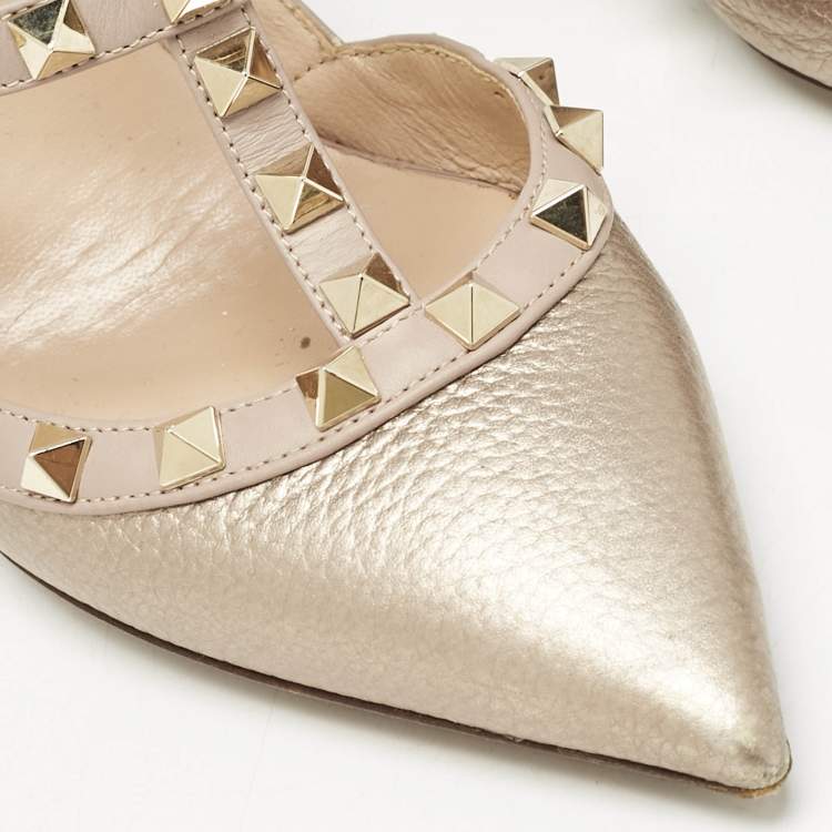 Pre Owned Valentino Metallic/Beige Leather Rockstud Caged Ankle Strap Pumps Size 37