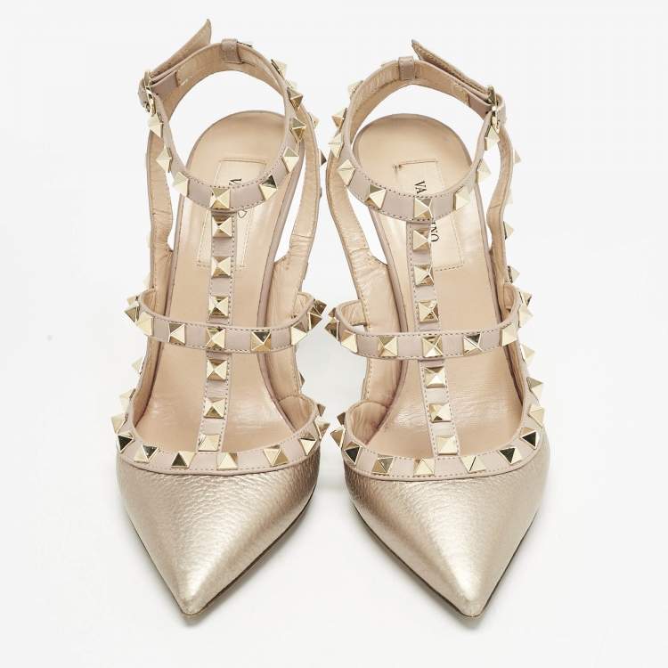 Pre Owned Valentino Metallic/Beige Leather Rockstud Caged Ankle Strap Pumps Size 37