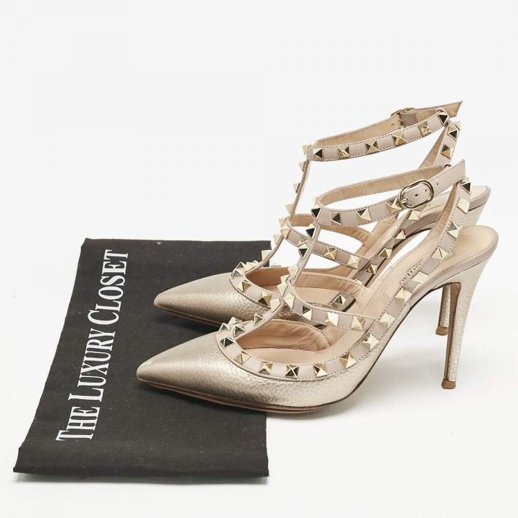 Pre Owned Valentino Metallic/Beige Leather Rockstud Caged Ankle Strap Pumps Size 37