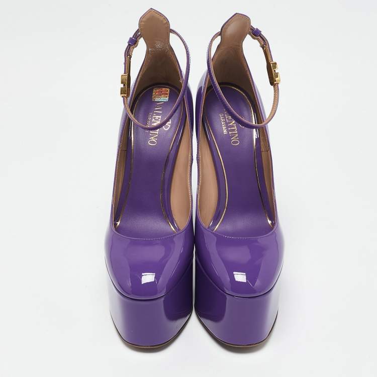 Pre Owned Valentino Purple Patent Leather Tango Platform Ankle Strap Block Heel Pumps Size 36