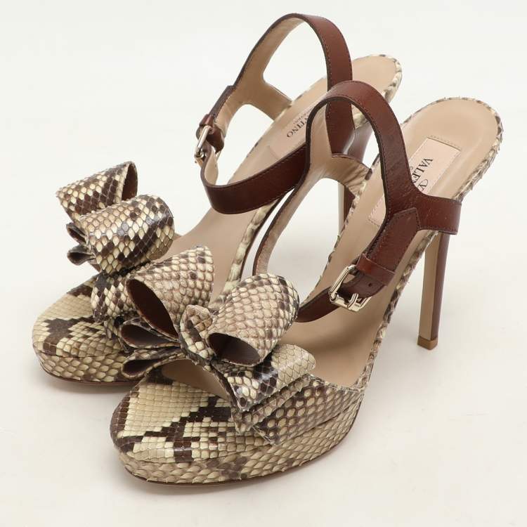 Pre Owned Valentino Beige Leather and Python Leather Bow Ankle Strap Sandals Size 37