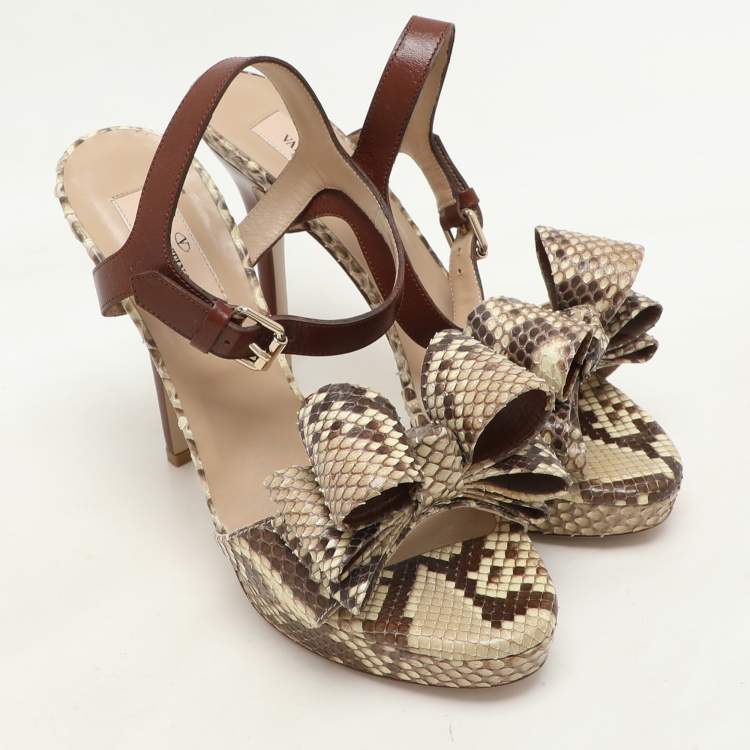 Pre Owned Valentino Beige Leather and Python Leather Bow Ankle Strap Sandals Size 37