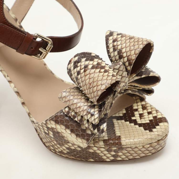 Pre Owned Valentino Beige Leather and Python Leather Bow Ankle Strap Sandals Size 37