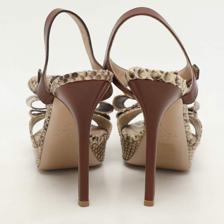 Pre Owned Valentino Beige Leather and Python Leather Bow Ankle Strap Sandals Size 37