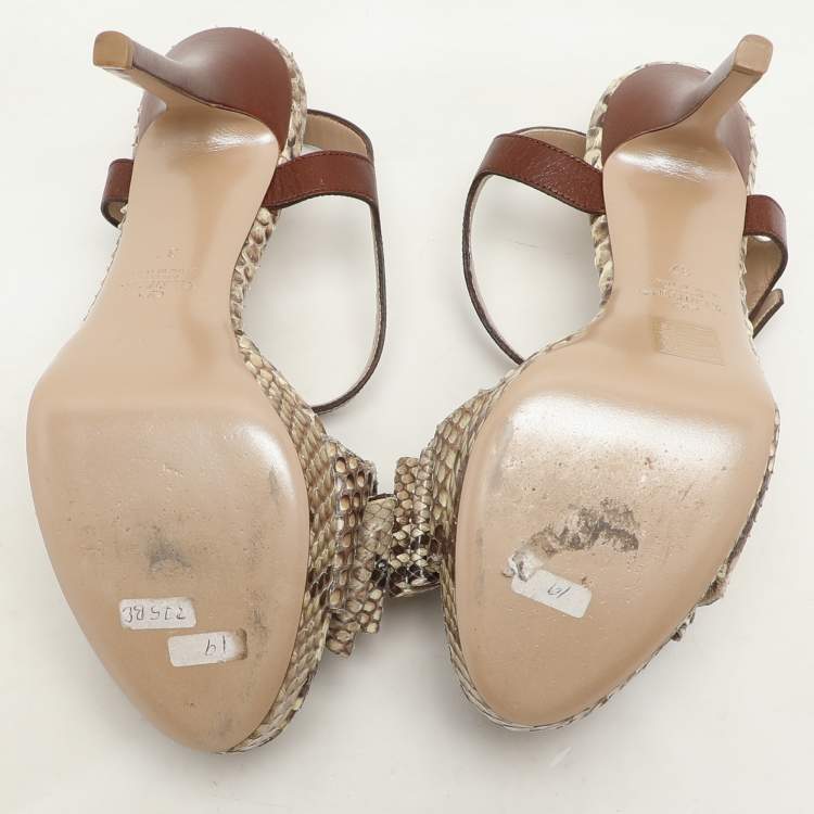 Pre Owned Valentino Beige Leather and Python Leather Bow Ankle Strap Sandals Size 37