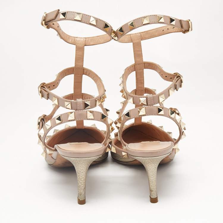 Pre Owned Valentino Metallic/Beige Leather Rockstud Caged Ankle Strap Pumps Size 38
