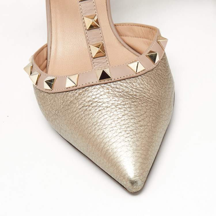 Pre Owned Valentino Metallic/Beige Leather Rockstud Caged Ankle Strap Pumps Size 38