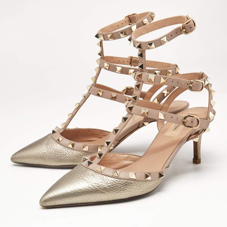 Pre Owned Valentino Metallic/Beige Leather Rockstud Caged Ankle Strap Pumps Size 38