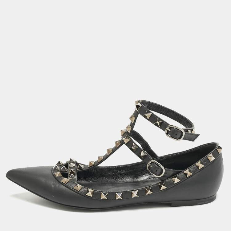 Pre Owned Valentino Black Leather Rockstud Ballet Flats Size 36
