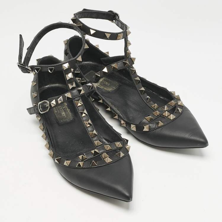 Pre Owned Valentino Black Leather Rockstud Ballet Flats Size 36
