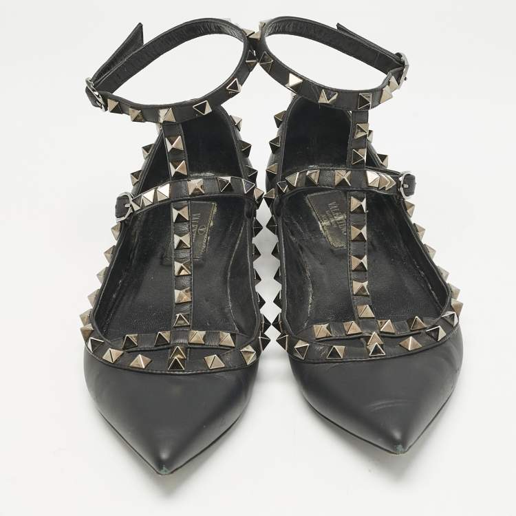 Pre Owned Valentino Black Leather Rockstud Ballet Flats Size 36