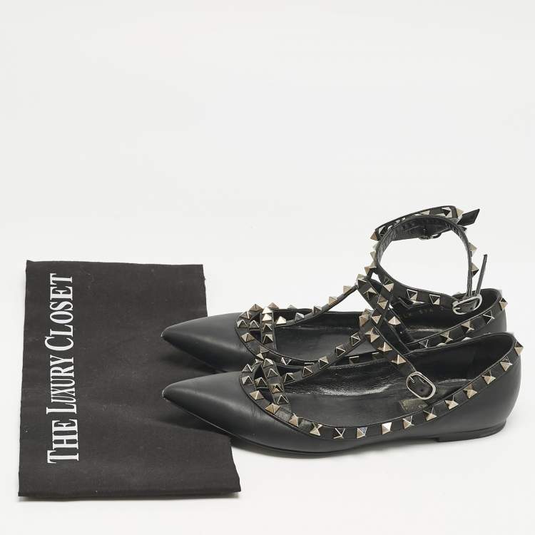 Pre Owned Valentino Black Leather Rockstud Ballet Flats Size 36