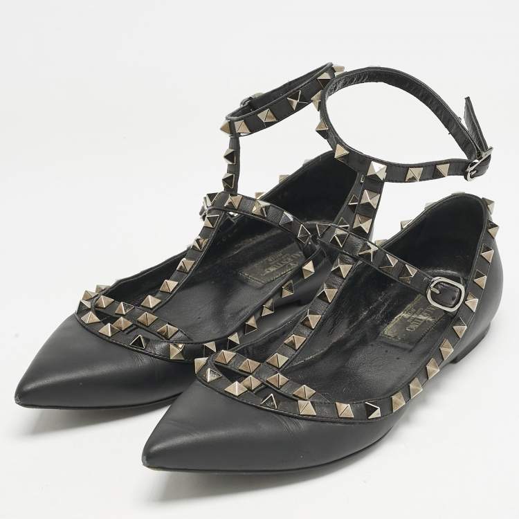 Pre Owned Valentino Black Leather Rockstud Ballet Flats Size 36