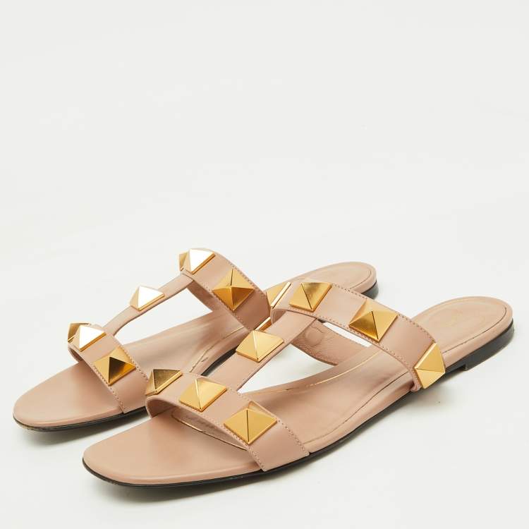 Pre Owned Valentino Beige Leather Roman Stud Flat Slide Sandals Size 39.5