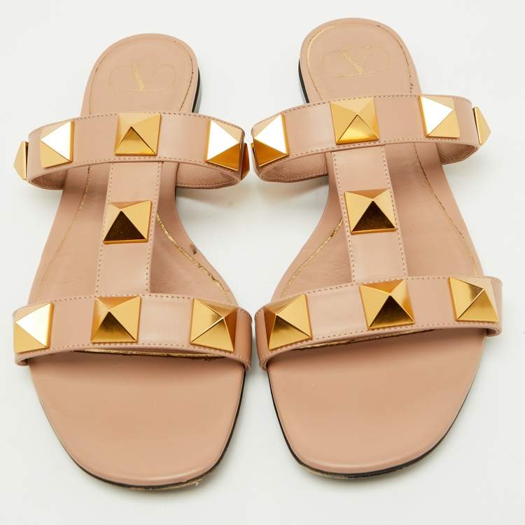 Pre Owned Valentino Beige Leather Roman Stud Flat Slide Sandals Size 39.5