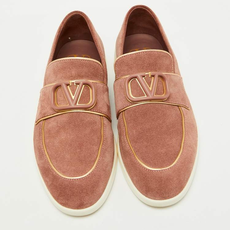 Pre Owned Valentino Dusty Pink Suede Vlogo Leisure Flows Slip On Loafers Size 39