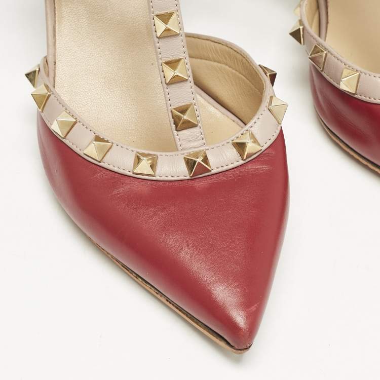 Pre Owned Valentino Beige/Red Leather Rockstud Pumps Size 36.5