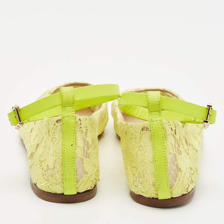 Pre Owned Valentino Neon Yellow Lace and Leather Ankle Strap Ballet Flats Size 39
