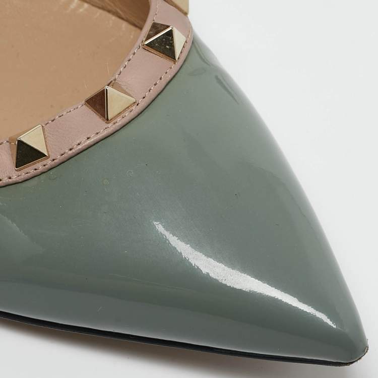 Pre Owned Valentino Slate Blue/Beige Patent Leather Rockstud Pointed Toe Ballet Flats Size 40