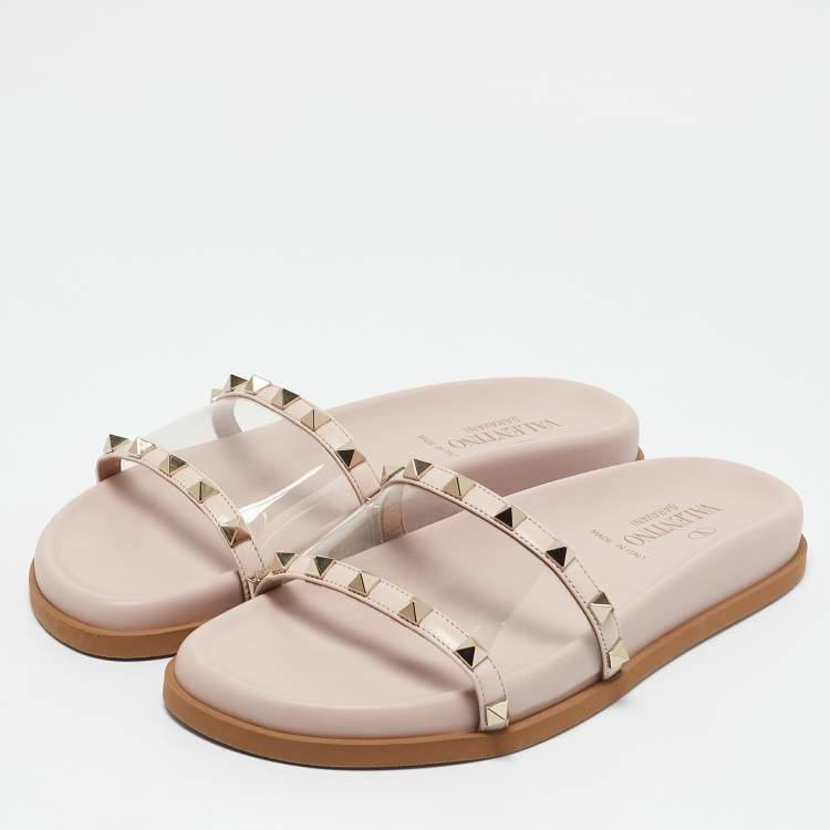 Pre Owned Valentino Pink Leather and PVC Rockstud Flat Slides Size 37