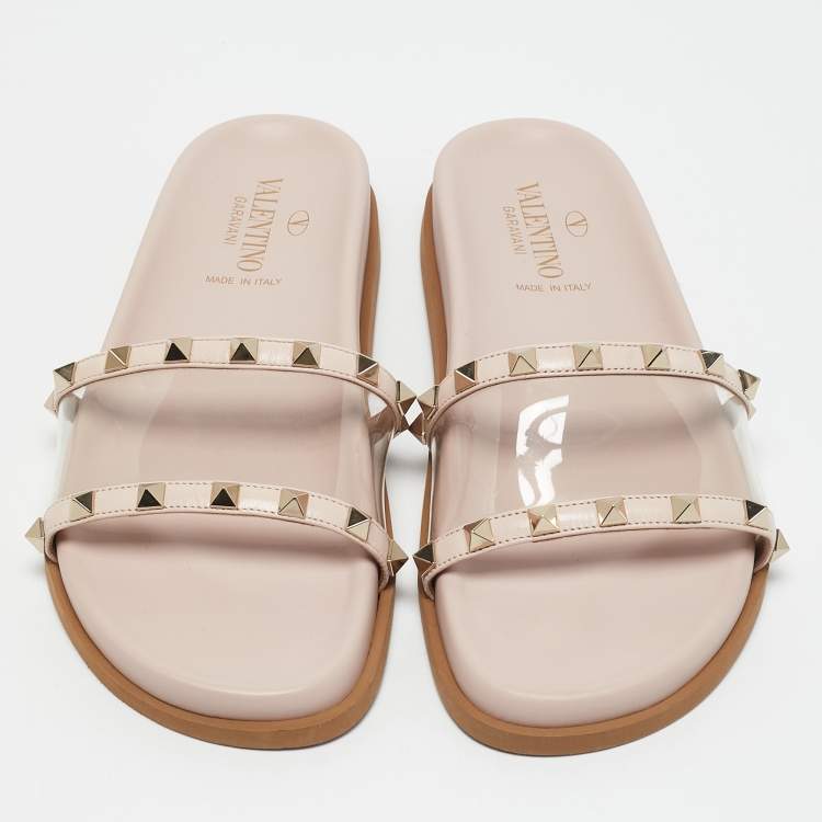 Pre Owned Valentino Pink Leather and PVC Rockstud Flat Slides Size 37