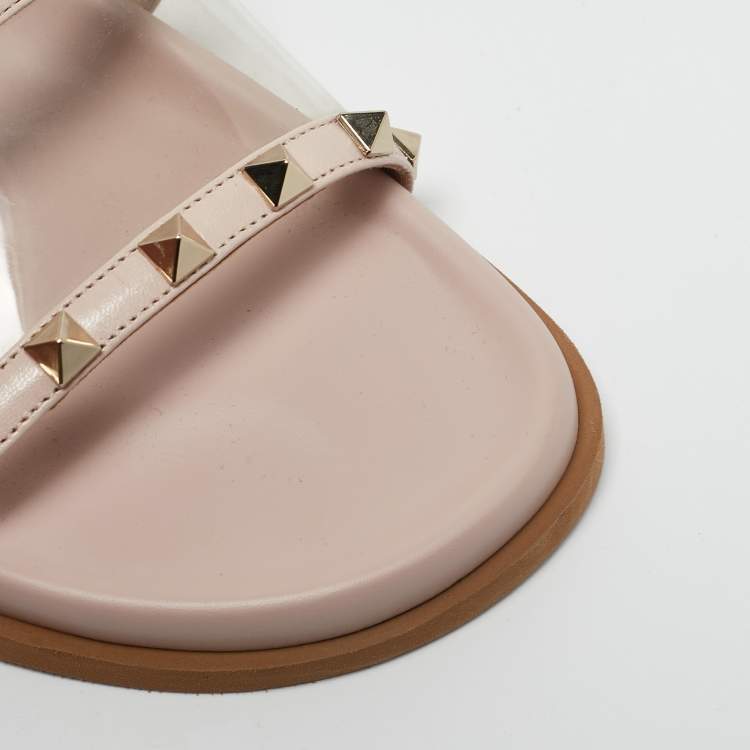 Pre Owned Valentino Pink Leather and PVC Rockstud Flat Slides Size 37