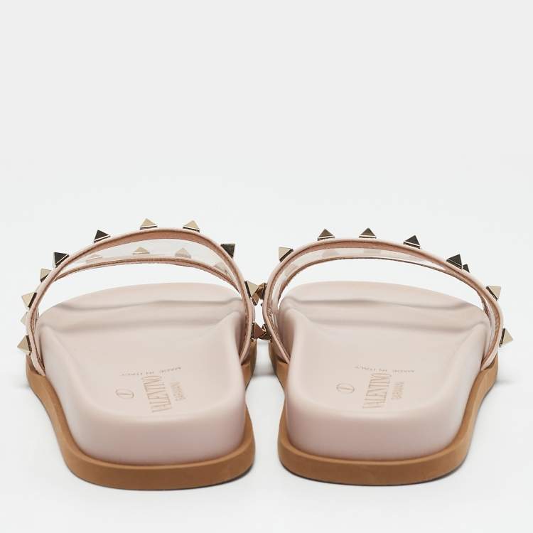 Pre Owned Valentino Pink Leather and PVC Rockstud Flat Slides Size 37