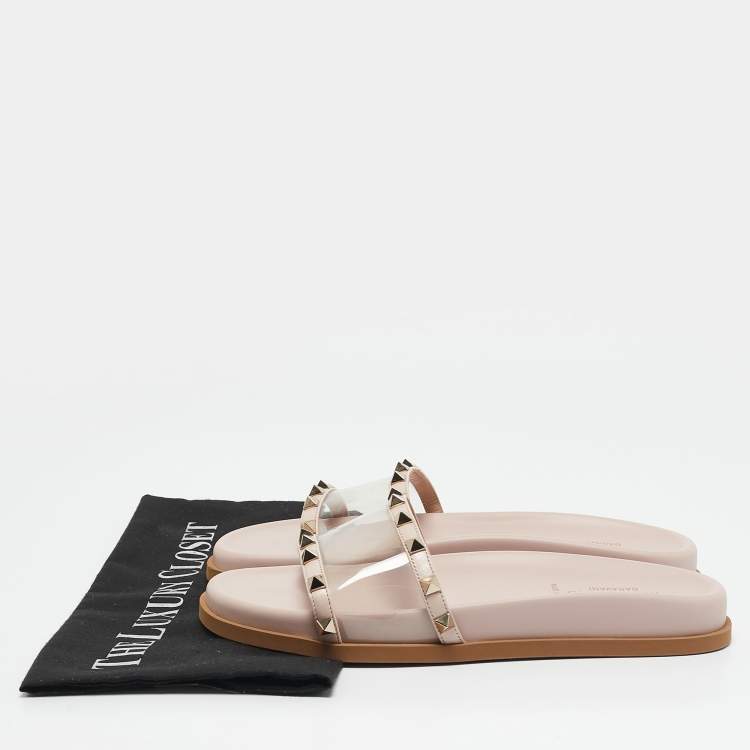 Pre Owned Valentino Pink Leather and PVC Rockstud Flat Slides Size 37