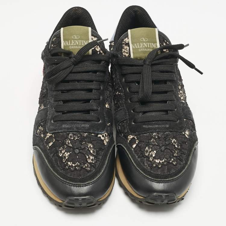 Pre Owned Valentino Multicolor Lace and Leather Rockrunner Low Top Sneakers Size 39