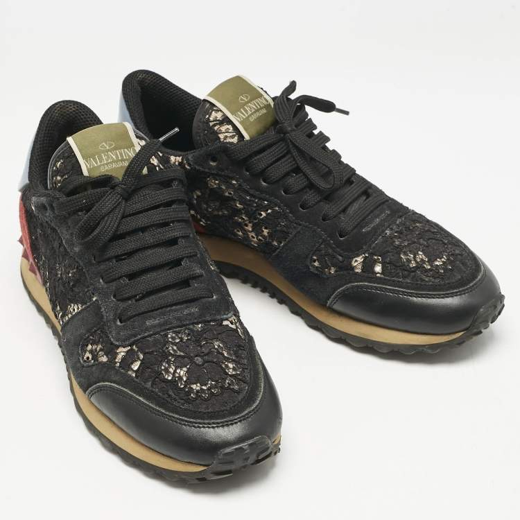 Pre Owned Valentino Multicolor Lace and Leather Rockrunner Low Top Sneakers Size 39
