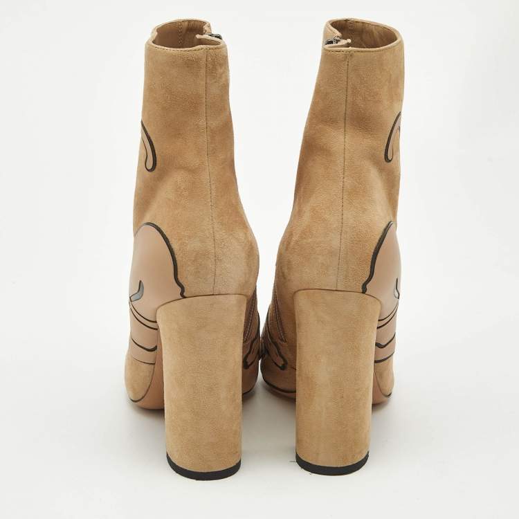 Pre Owned Valentino Beige Suede Panther Ankle Length Ankle Boots Size 37