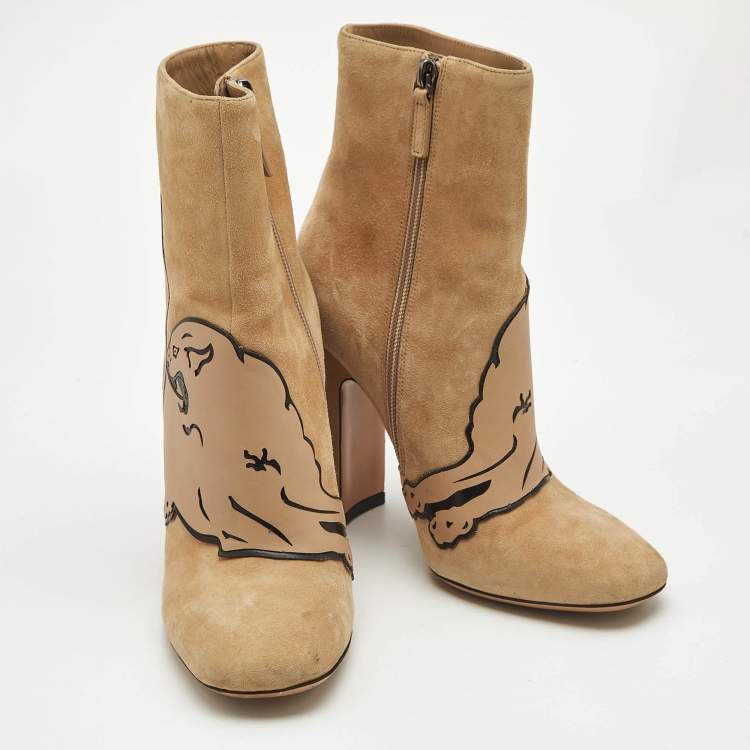 Pre Owned Valentino Beige Suede Panther Ankle Length Ankle Boots Size 37