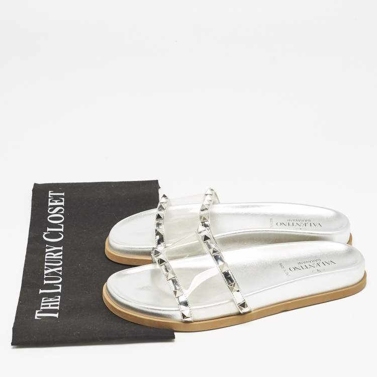 Pre Owned Valentino Silver Leather And PVC Rockstud Flat Slides Size 37