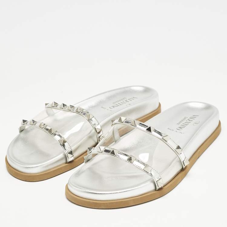 Pre Owned Valentino Silver Leather And PVC Rockstud Flat Slides Size 37