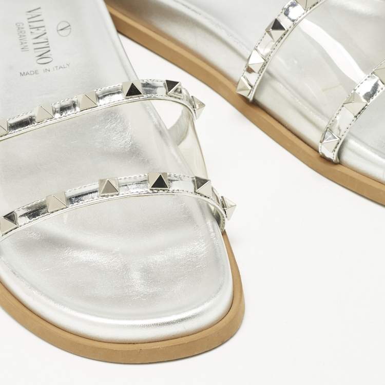 Pre Owned Valentino Silver Leather And PVC Rockstud Flat Slides Size 37