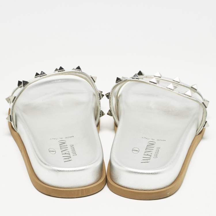 Pre Owned Valentino Silver Leather And PVC Rockstud Flat Slides Size 37