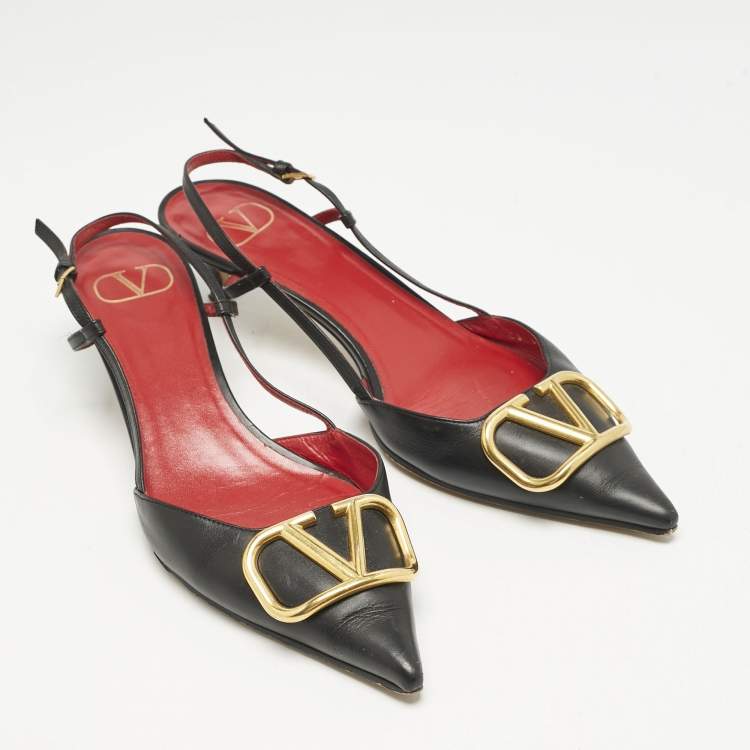 Pre Owned Valentino Black Leather VLogo Slingback Pumps Size 40
