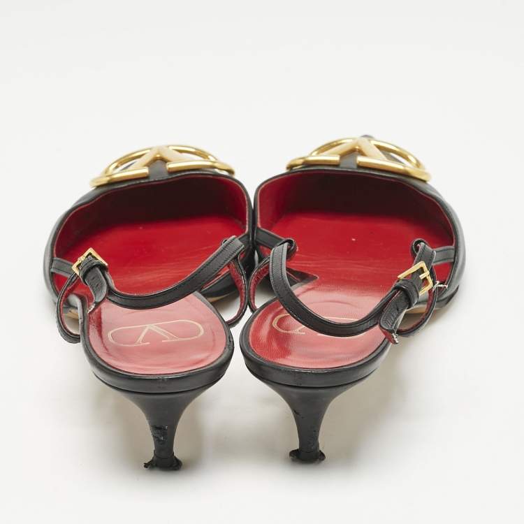 Pre Owned Valentino Black Leather VLogo Slingback Pumps Size 40