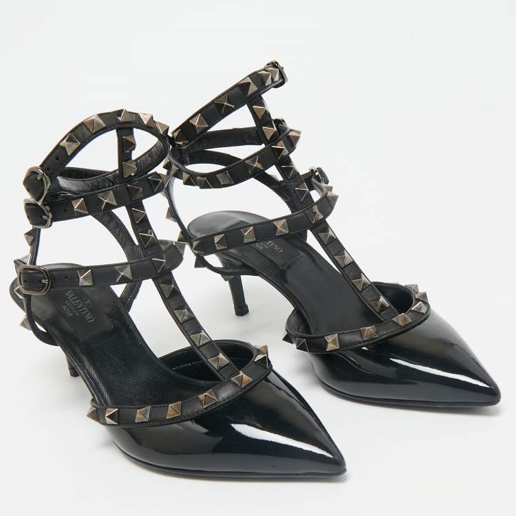 Pre Owned Valentino Black Patent and Leather Rockstud Cage Pumps Size 36.5